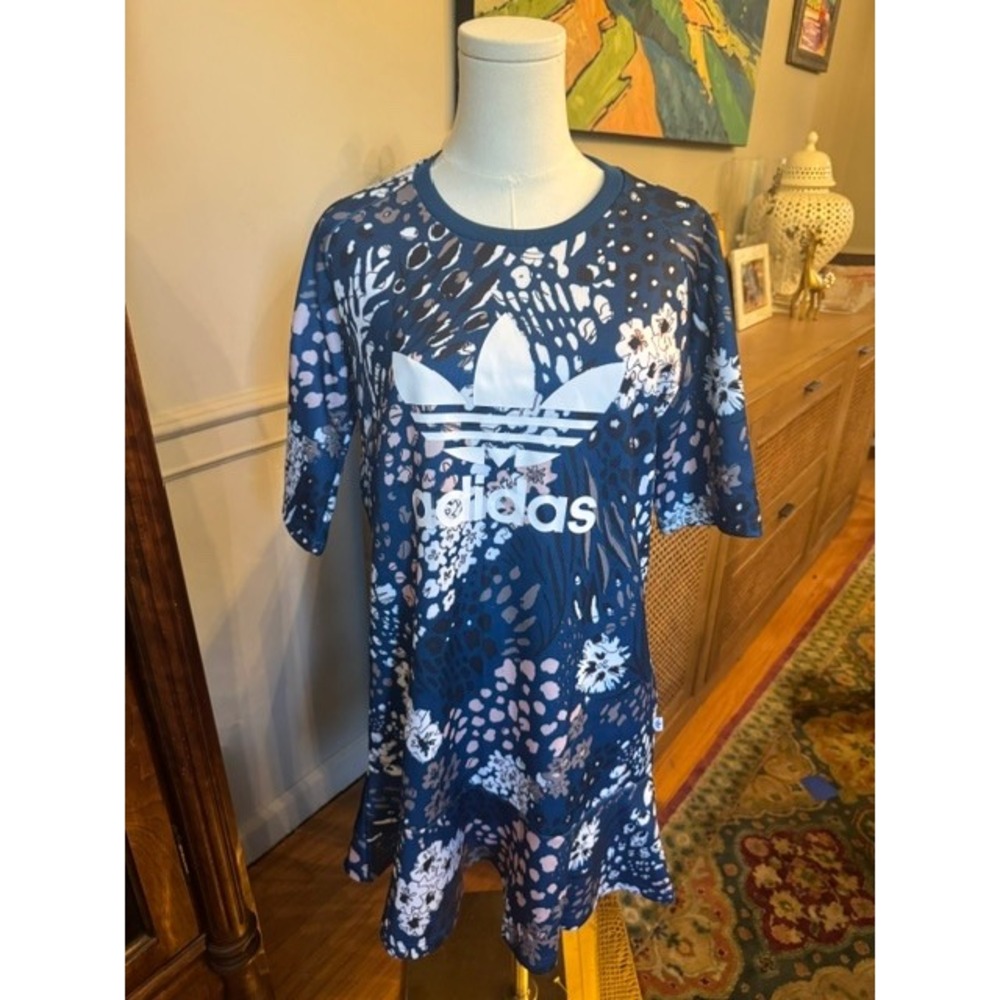 Adidas Originals Women Floral Leopard Trefoil Logo Ruffle Hem Dress Navy 38